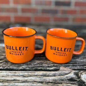 Pair of Bulleit Frontier Whiskey Bourbon Ceramic Orange Coffee Cups/Mugs  C11